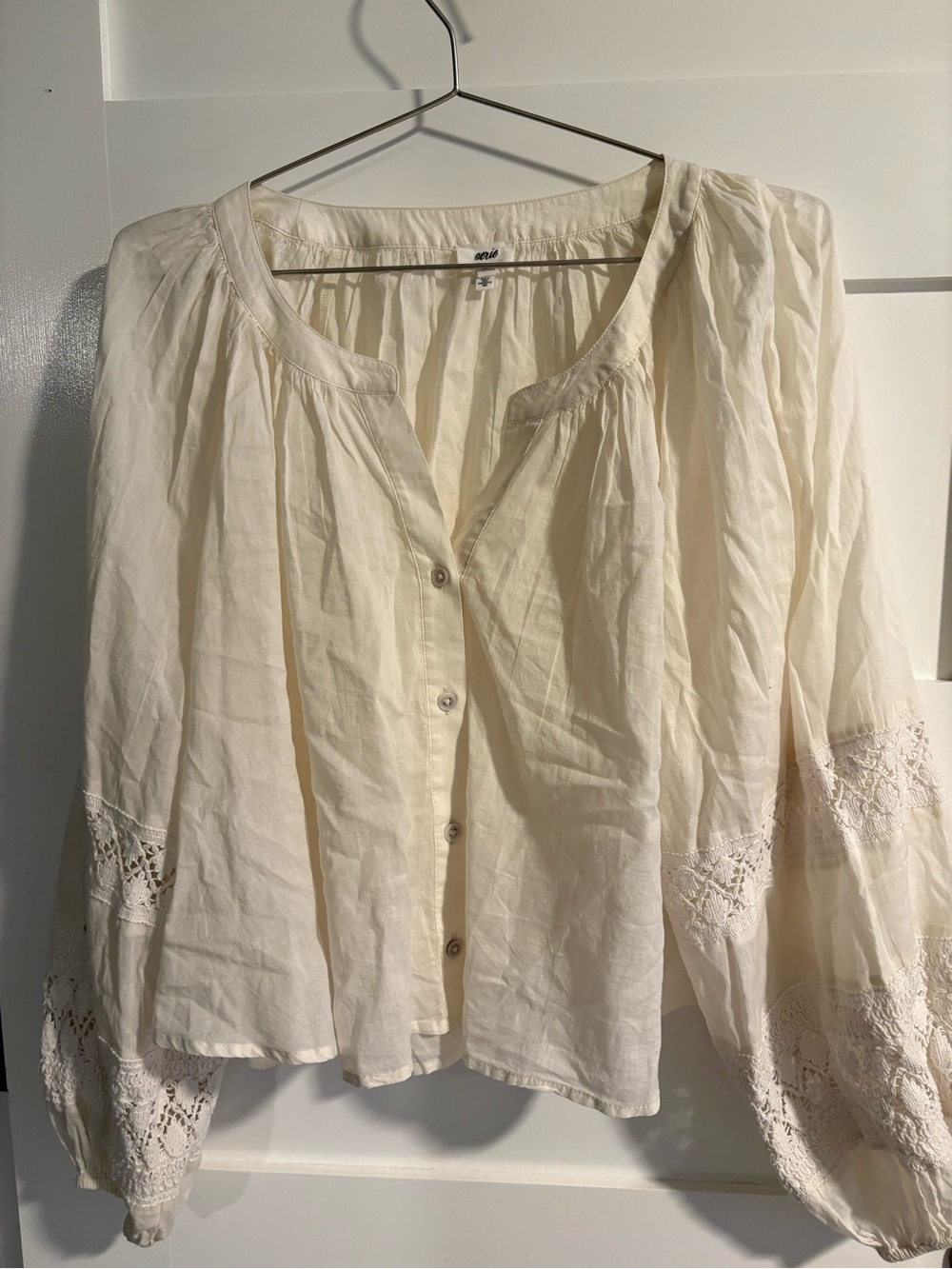 Boho Cream Button-Front Blouse with Lace-Sleeve Details